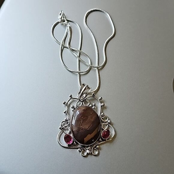 925 Silver Stone 20" Chain with Natural Jasper Quartz and Garnet - Picture 1 of 5